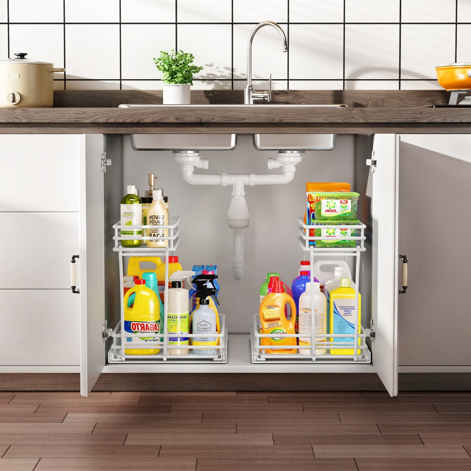 L-shaped metal pull-out cabinet organizer with two sliding drawers, made of stainless steel, designed to maximize under-sink storage by fitting around plumbing, featuring a rust-resistant finish