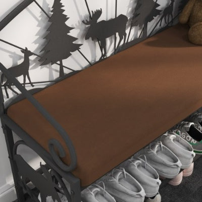 Industrial rustic upholstered shoe rack bench in antique brown with metal frame, featuring comfortable seating and open undershelf for shoe storage, perfect for entryway or bedroom organization
