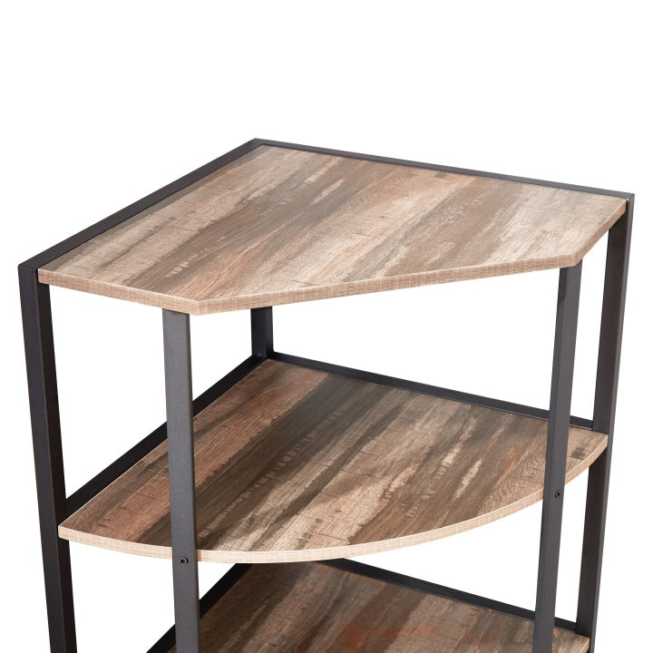 Black and brown 4-tier corner shelf with a modern-rustic design, featuring four open particle board shelves arranged in a vertical structure that fits neatly into a corner; ideal for storing books, plants, or decorative items in kitchens, home offices, living rooms, or small spaces.
