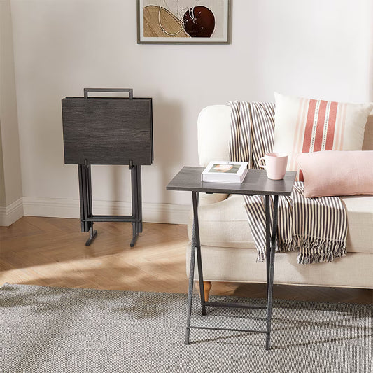 5-piece grey folding TV tray table set with storage stand – portable snack and laptop tables for living room or small spaces