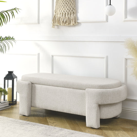 Beige linen fabric storage bench with cushioned seat and hidden compartment for living room or entryway organization