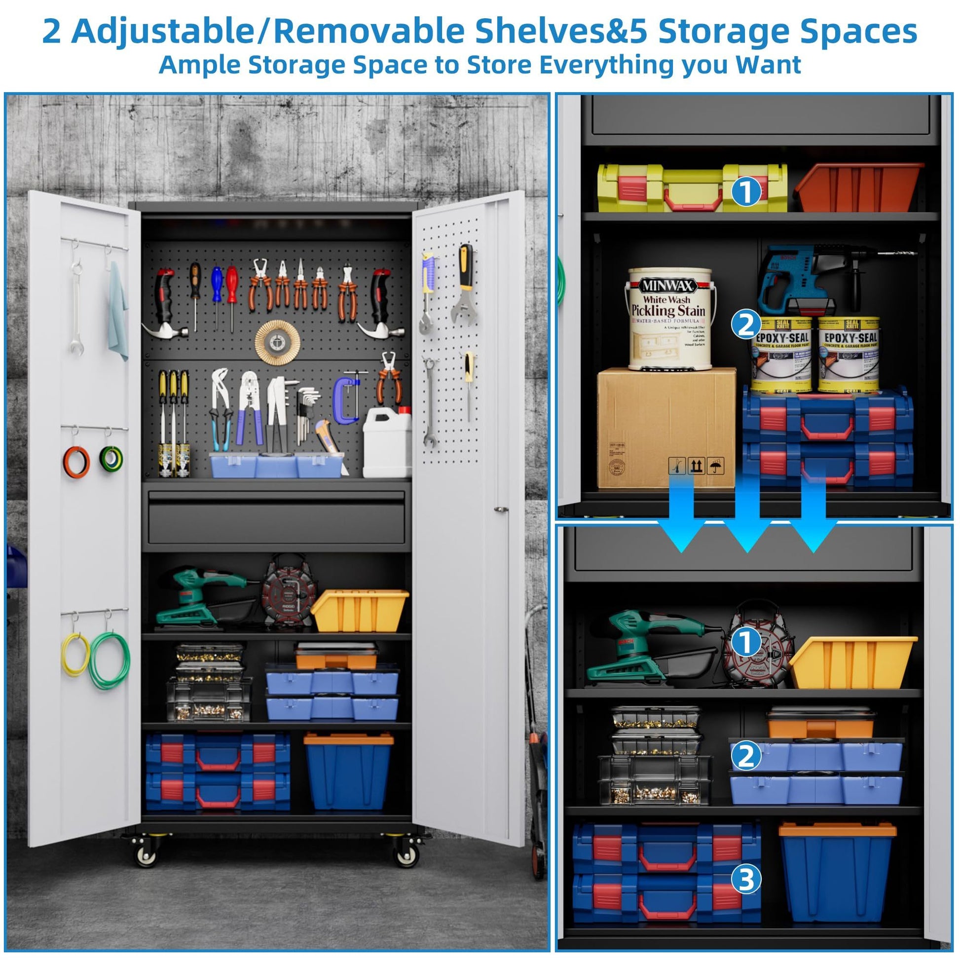 71-inch tall black and gray metal storage cabinet with lockable doors and caster wheels for mobile heavy-duty organization in workshop or garage
