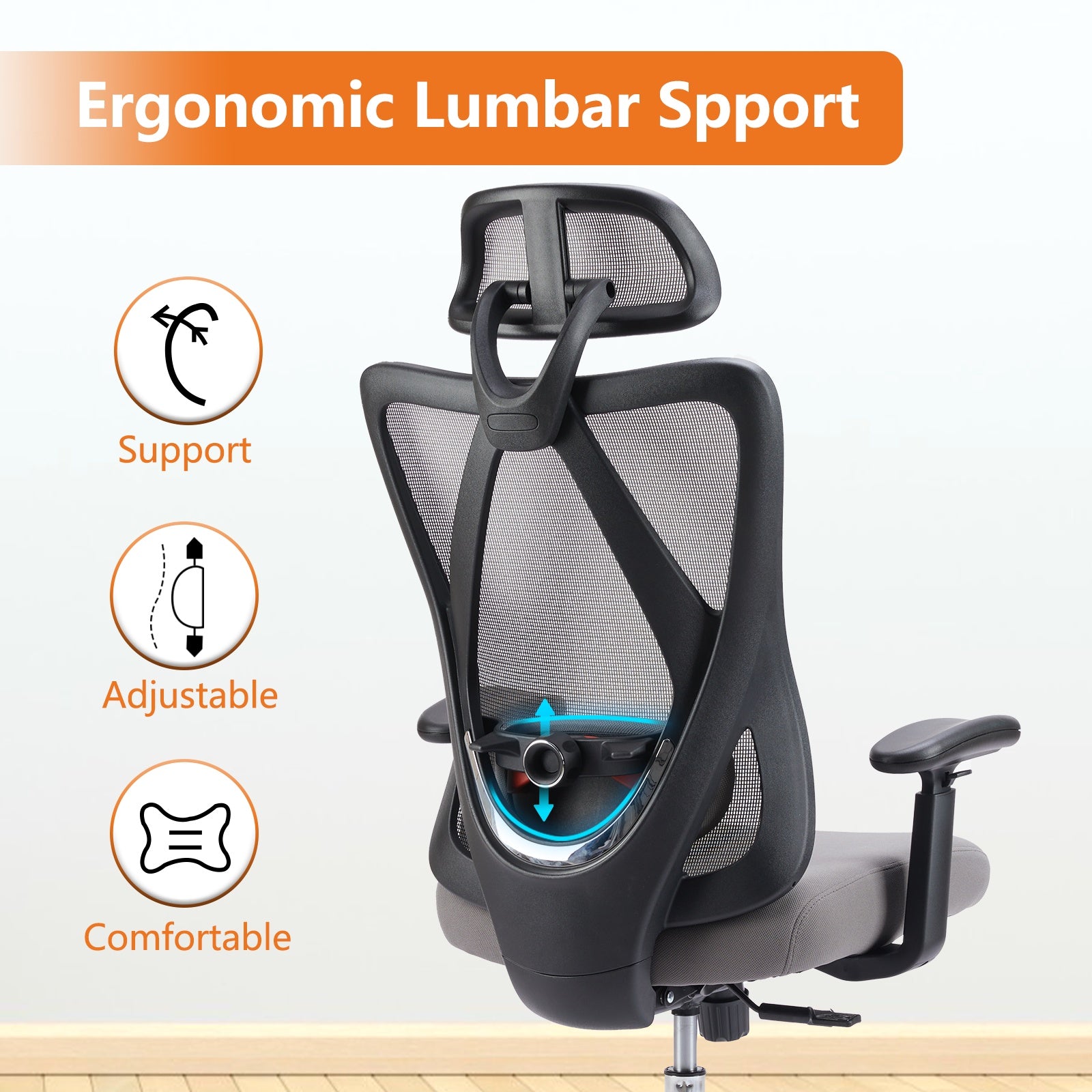 Ergonomic high-back mesh office chair with adjustable height, reclining backrest, rotating headrest, lumbar support, breathable mesh, padded seat, and sturdy aluminum base supporting up to 330 lbs.