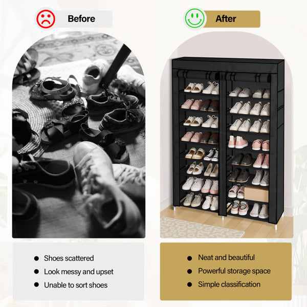 Black 10-tier shoe cabinet with slim vertical design and double-row storage shelves, ideal for organizing multiple pairs of shoes in small entryways, closets, or hallways