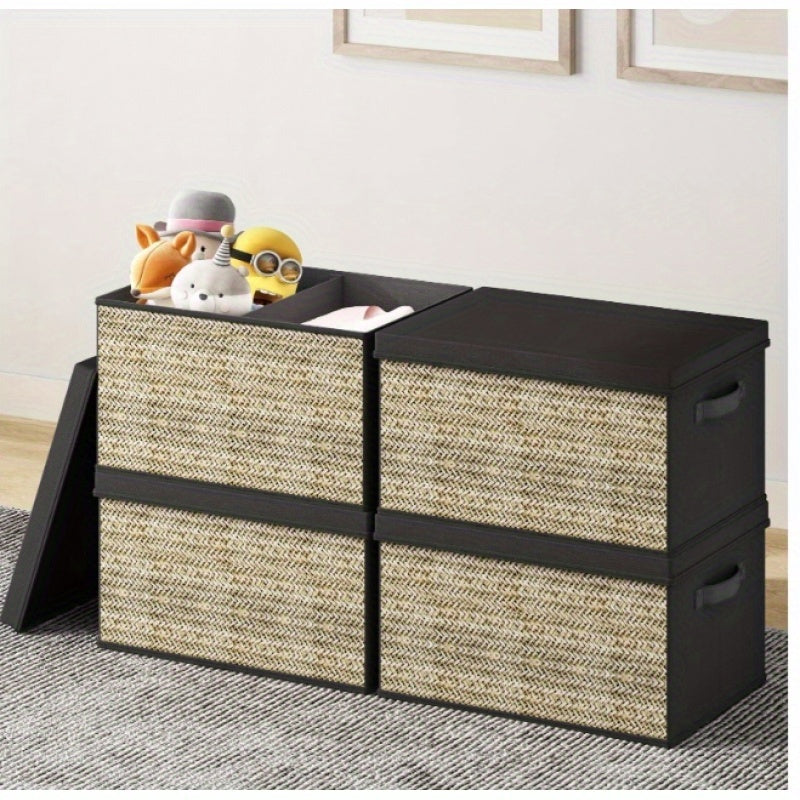 Set of four green rattan-style foldable storage bins with matching lids and built-in handles; lightweight, decorative, and ideal for organizing closets, shelves, or home offices — non-waterproof design.