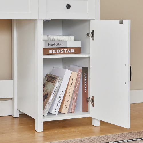 White rustic farmhouse wooden home office desk made of particle board with built-in charging station, dimensions 47.2" L x 19.7" W x 67.9" H