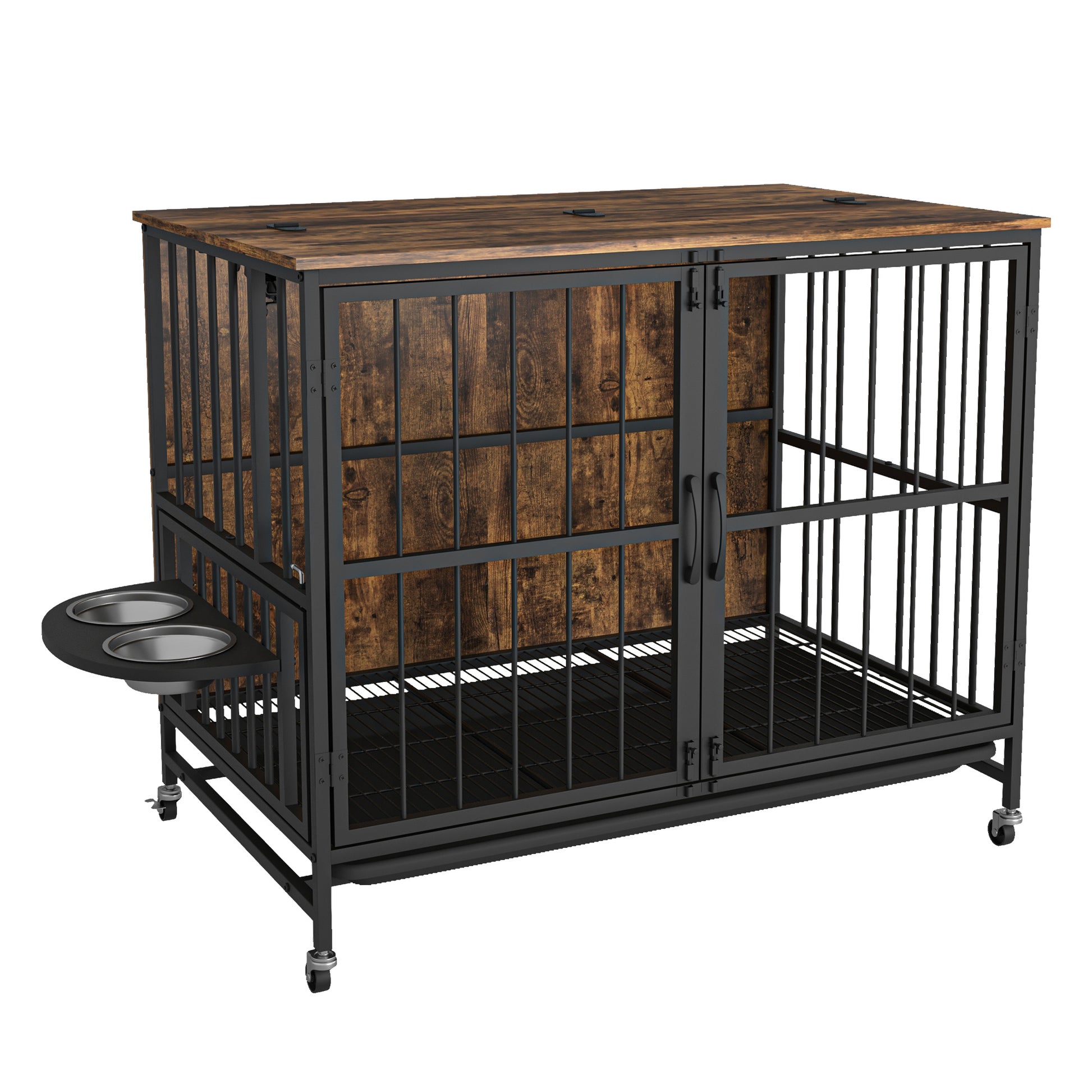 Modern kennel dog cage furniture with sturdy ironwood frame and durable particleboard, antique brown finish, foldable top panel, adjustable feeding basin with stainless steel bowls, removable tray, wheels for easy mobility, supports dogs up to 80 lbs