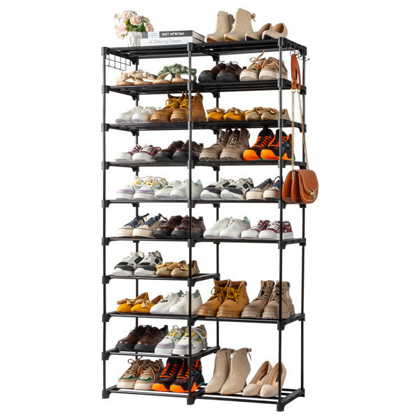 Black double-row 9-tier shoe rack with handles, featuring a sturdy iron frame and non-woven fabric shelves, designed for efficient vertical shoe storage in entryways or closets