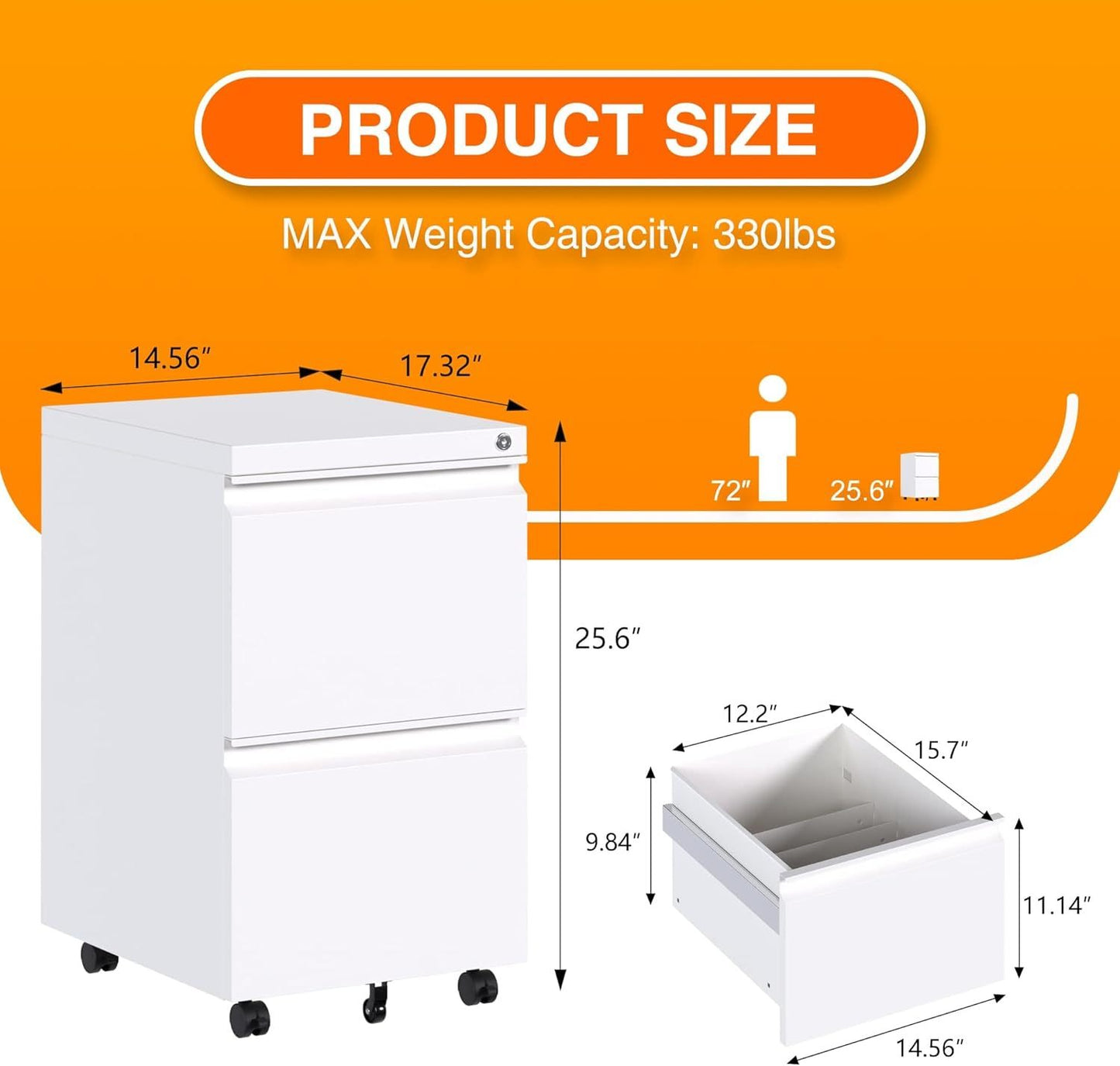 White metal 2-drawer office file cabinet by Aobabo with lock, hanging file storage for legal, letter, and A4 documents, fully assembled with wheels for under-desk use and enhanced mobility.