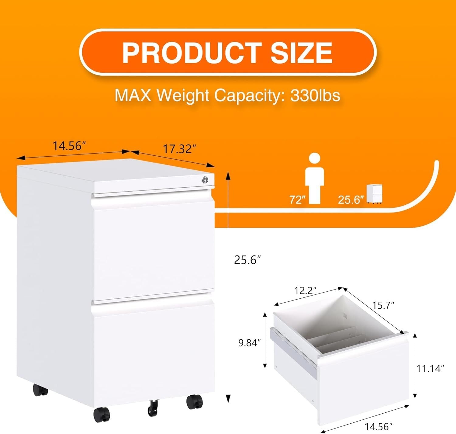 White metal 2-drawer office file cabinet by Aobabo with lock, hanging file storage for legal, letter, and A4 documents, fully assembled with wheels for under-desk use and enhanced mobility.