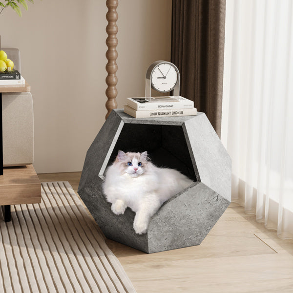 25.98 inch modern cement gray pet furniture cat rack side table made of durable MDF with cozy nest hole, sturdy design supporting up to 165 lbs, easy to assemble and clean