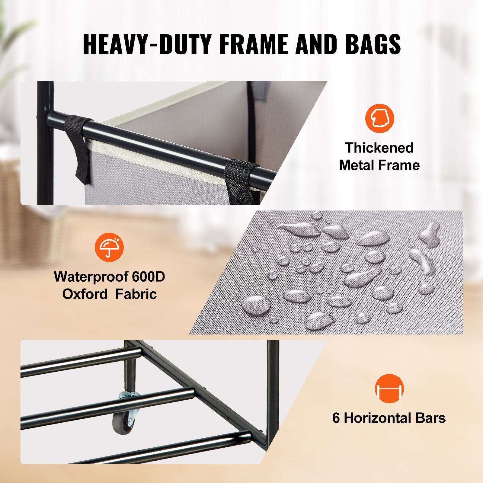 VEVOR 3-section rolling laundry hamper with heavy-duty metal frame, removable sorting bags, and smooth-rolling wheels for easy transport and organization