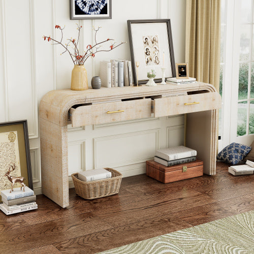 Retro entryway table with two drawers and open shelf in natural wood wash finish, vintage style console table for hallway or living room