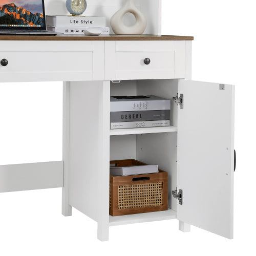 White rustic farmhouse wooden home office desk made of particle board with built-in charging station, dimensions 47.2" L x 19.7" W x 67.9" H