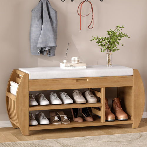 Retro multifunctional storage bench with cushioned seat, open shelves, and hidden compartment—wooden frame in modern design, ideal for entryway, hallway, or living room