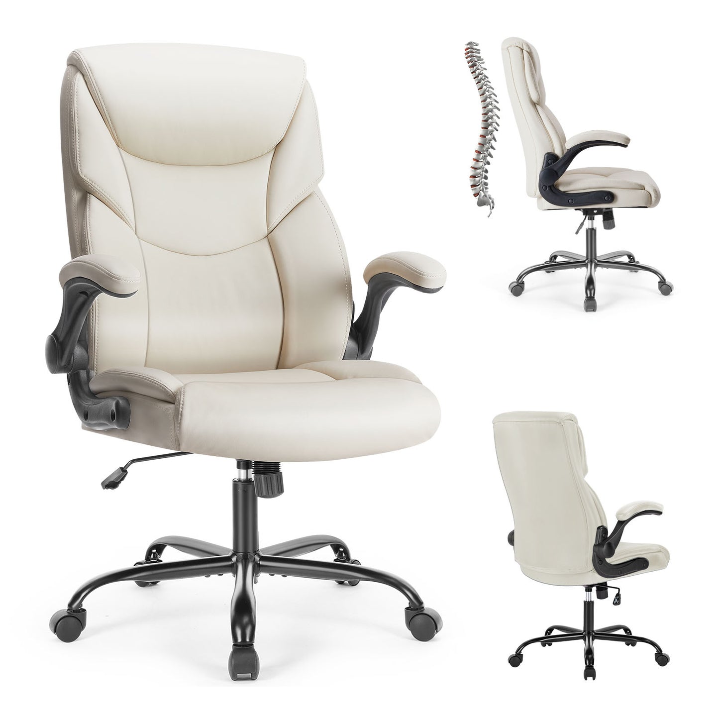 PU leather executive office chair with high back, ergonomic lumbar support, flip-up armrests, 360° swivel wheels, and durable frame supporting up to 275 lbs