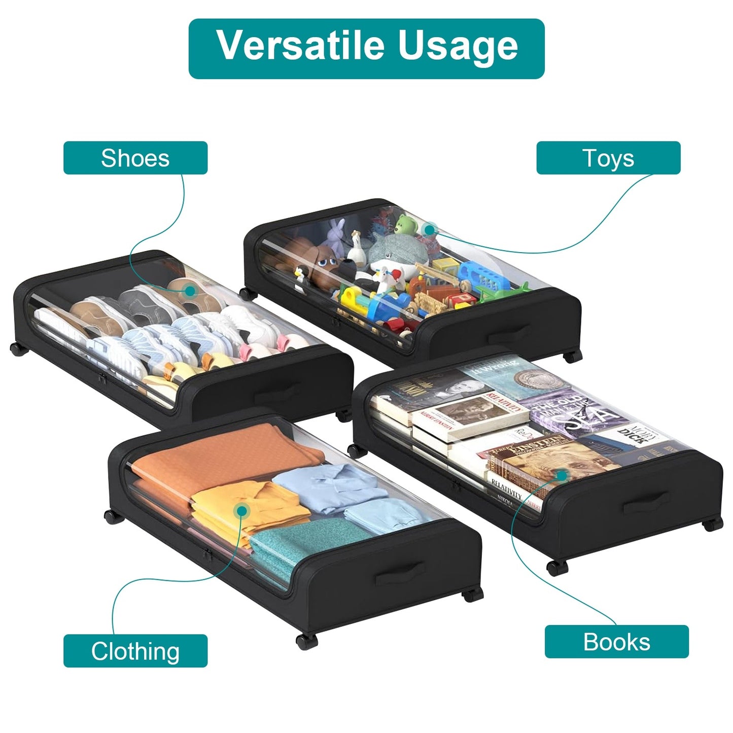 2PCS Under Bed Storage Containers with Lids, Wheels & Strap Handles – 42L (11 Gal) Each – Space-Saving Organizers – FedEx Shipping