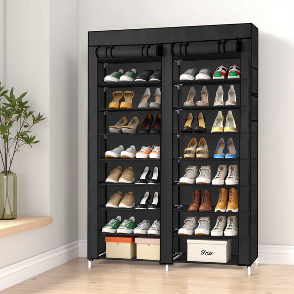 Black 10-tier shoe cabinet with slim vertical design and double-row storage shelves, ideal for organizing multiple pairs of shoes in small entryways, closets, or hallways