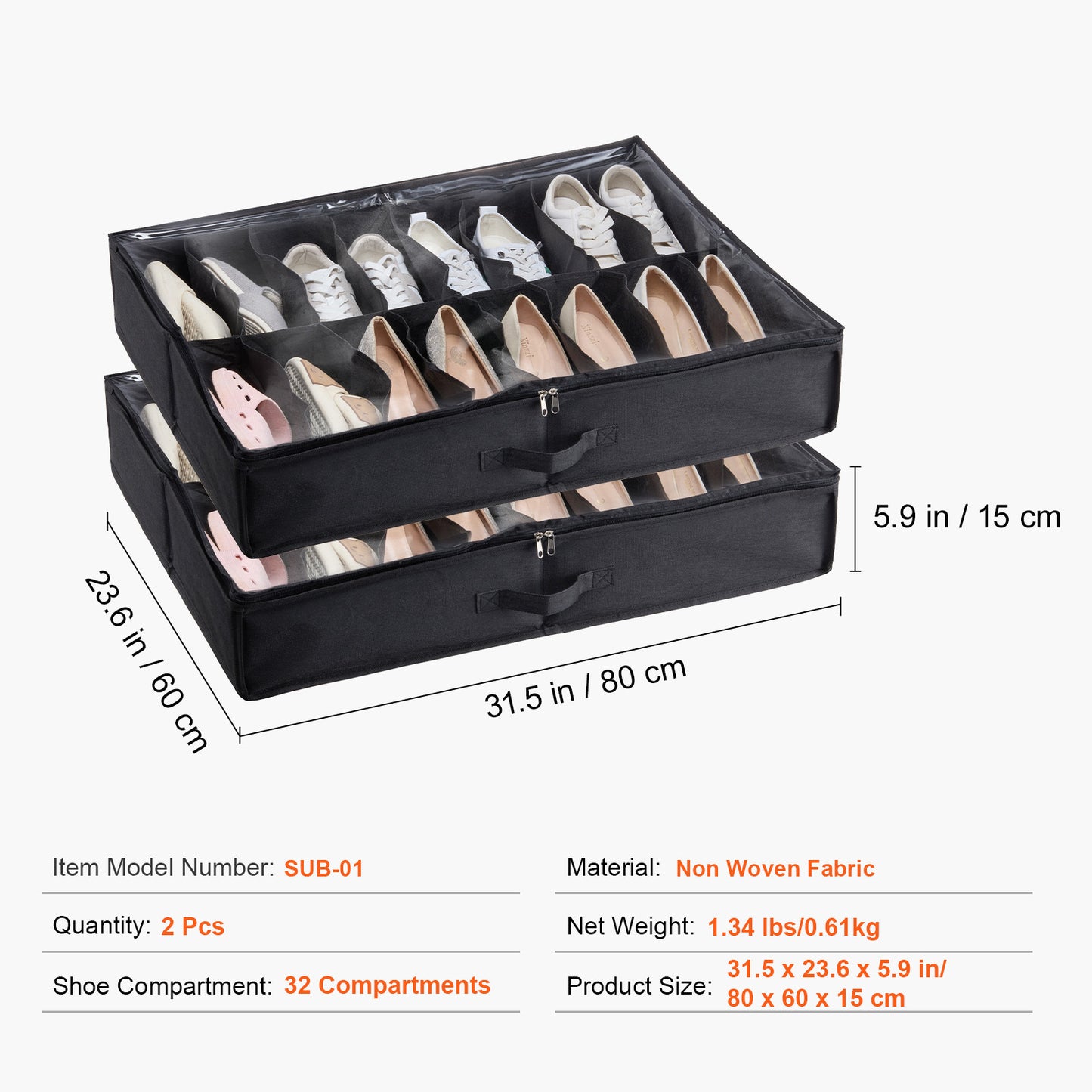 Vevor Under Bed Shoe Storage Organizer – Set of 2, 32 Compartments, Breathable Fabric with Clear Window for Closet & Underbed Organization