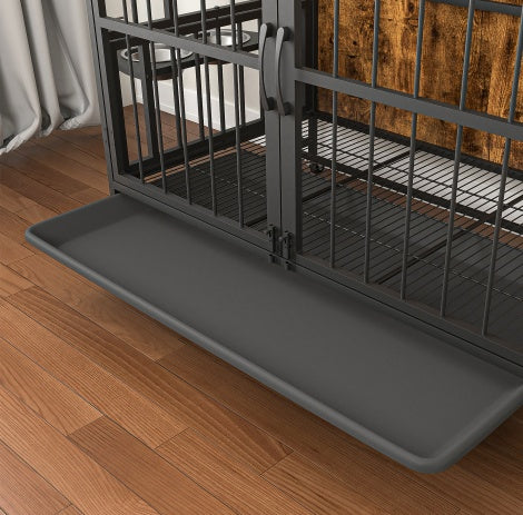 Modern kennel dog cage furniture with sturdy ironwood frame and durable particleboard, antique brown finish, foldable top panel, adjustable feeding basin with stainless steel bowls, removable tray, wheels for easy mobility, supports dogs up to 80 lbs
