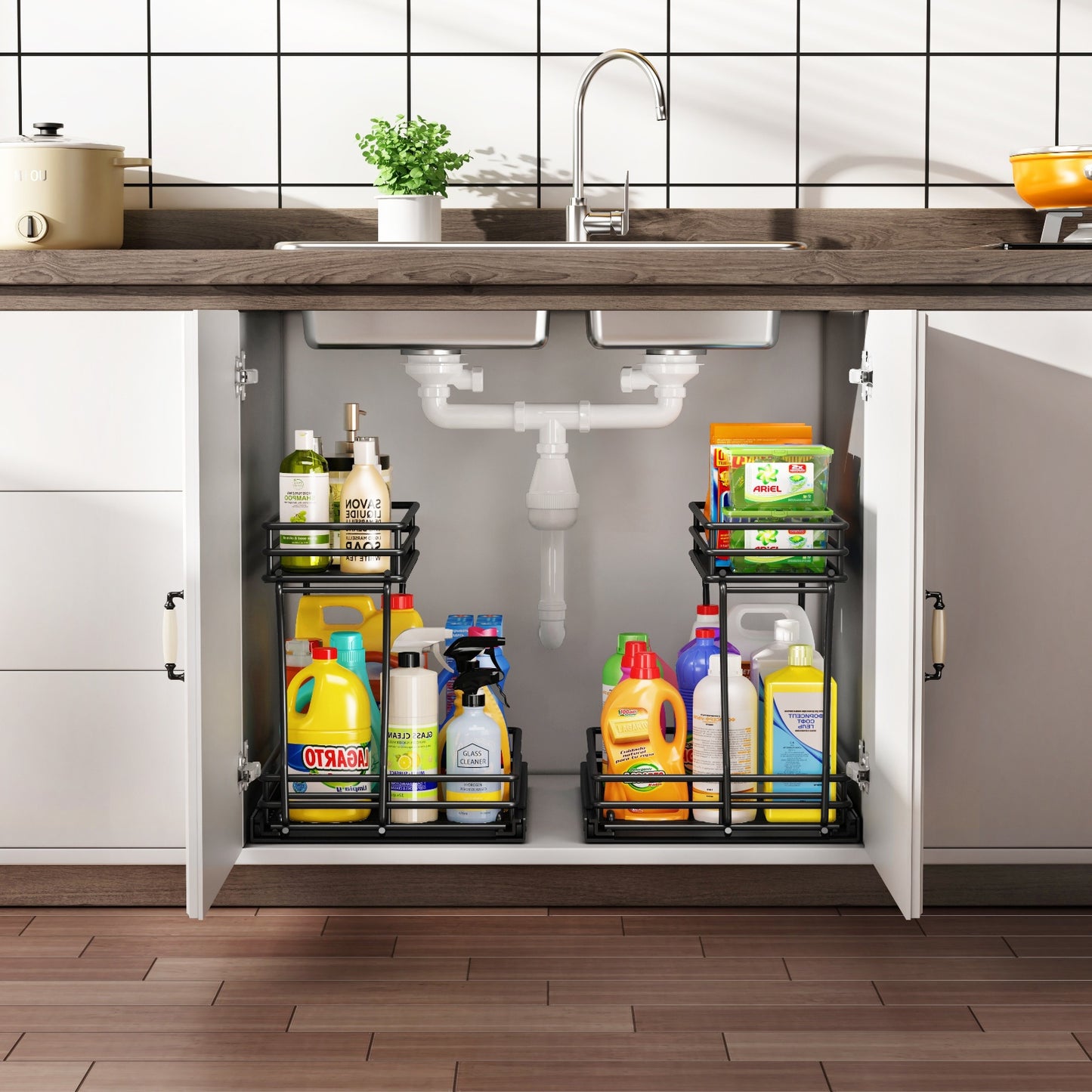 L-shaped metal pull-out cabinet organizer with two sliding drawers, made of stainless steel, designed to maximize under-sink storage by fitting around plumbing, featuring a rust-resistant finish