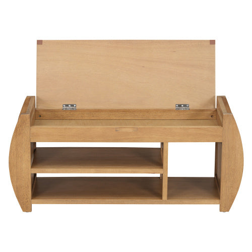 Retro multifunctional storage bench with cushioned seat, open shelves, and hidden compartment—wooden frame in modern design, ideal for entryway, hallway, or living room