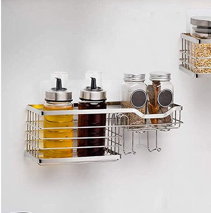 Shower caddy with soap dish and multiple hooks for hanging toiletries, designed for bathroom organization and easy access