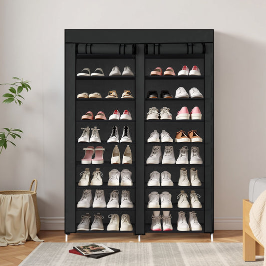 Black 10-tier shoe cabinet with slim vertical design and double-row storage shelves, ideal for organizing multiple pairs of shoes in small entryways, closets, or hallways