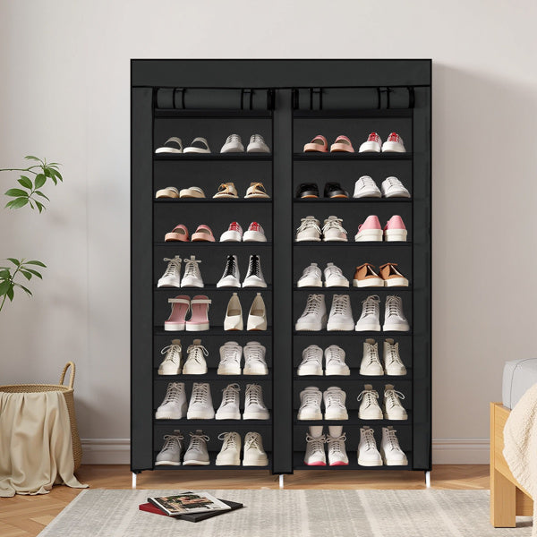 Black 10-tier shoe cabinet with slim vertical design and double-row storage shelves, ideal for organizing multiple pairs of shoes in small entryways, closets, or hallways