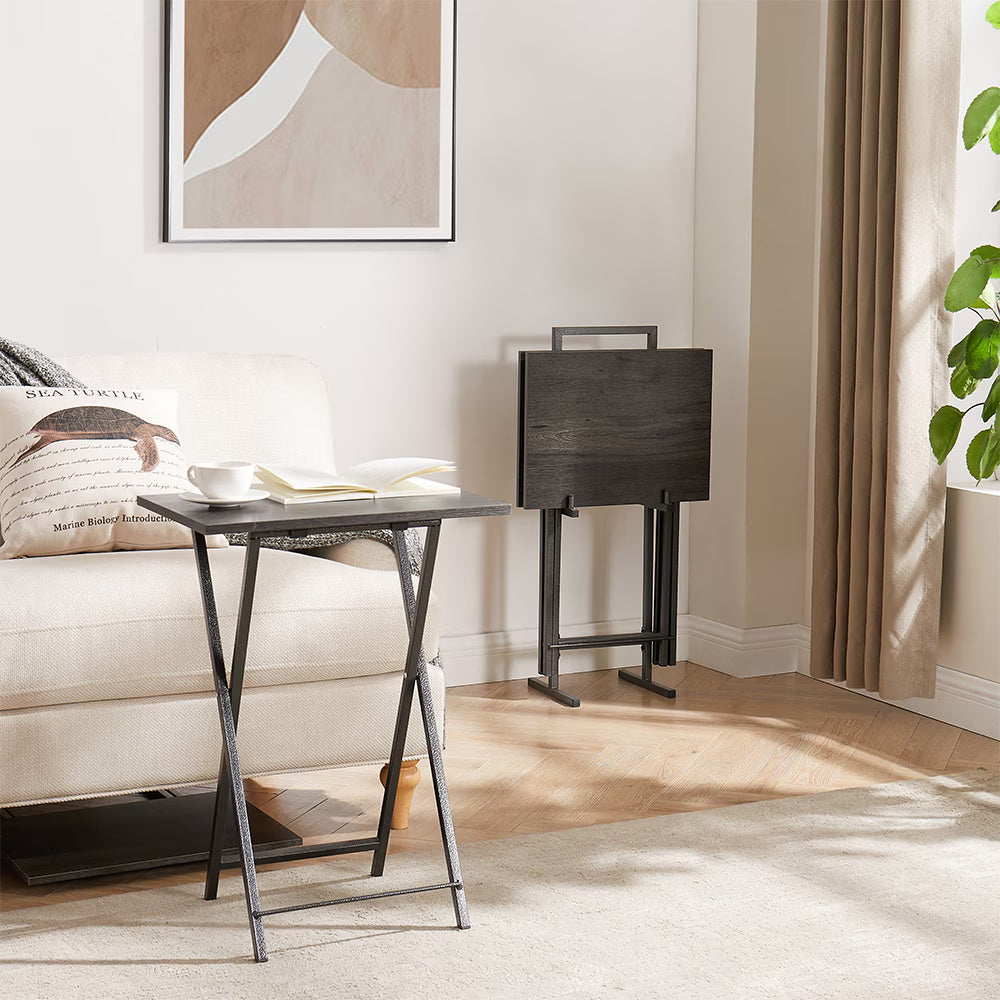 5-piece grey folding TV tray table set with storage stand – portable snack and laptop tables for living room or small spaces