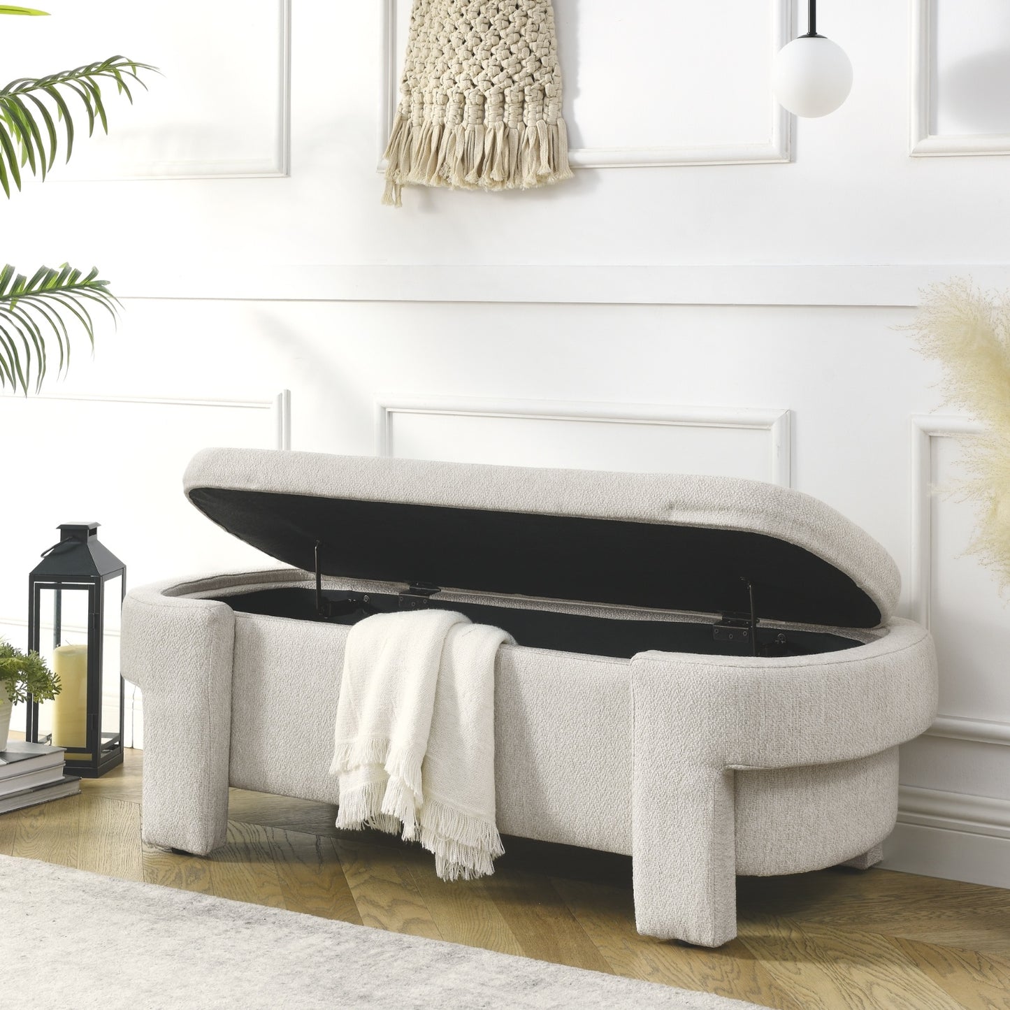 Beige linen fabric storage bench with cushioned seat and hidden compartment for living room or entryway organization