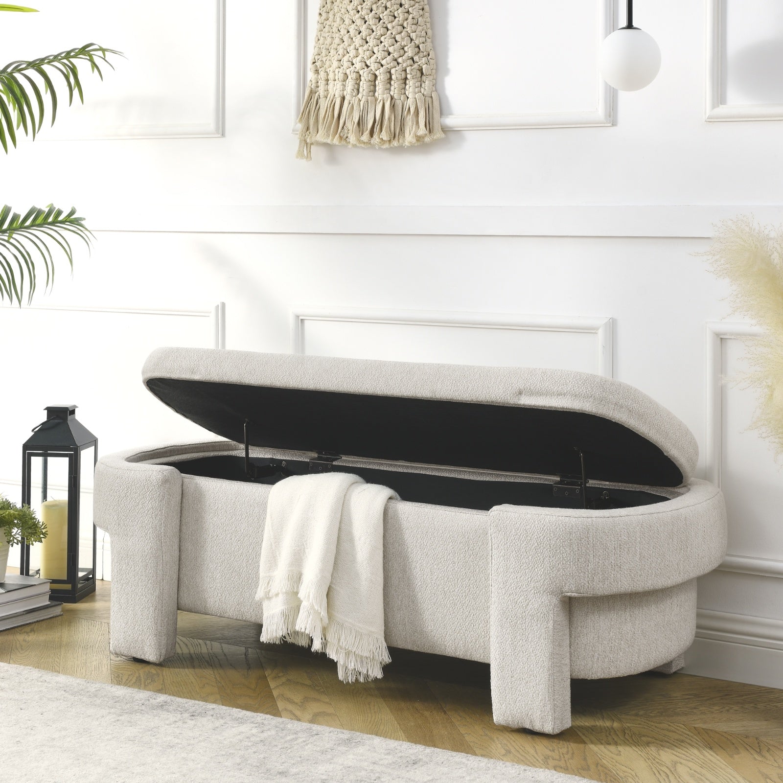 Beige linen fabric storage bench with cushioned seat and hidden compartment for living room or entryway organization