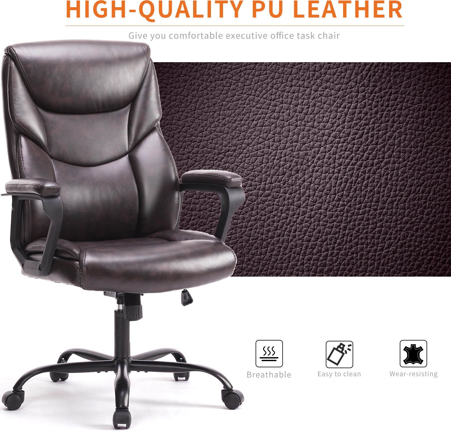 PU leather executive office chair with high back, ergonomic lumbar support, flip-up armrests, 360° swivel wheels, and durable frame supporting up to 275 lbs