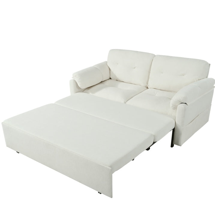 Multifunctional retractable sofa bed for living room use, featuring adjustable design for sitting, lounging, or sleeping, with modern upholstery and space-saving functionality.