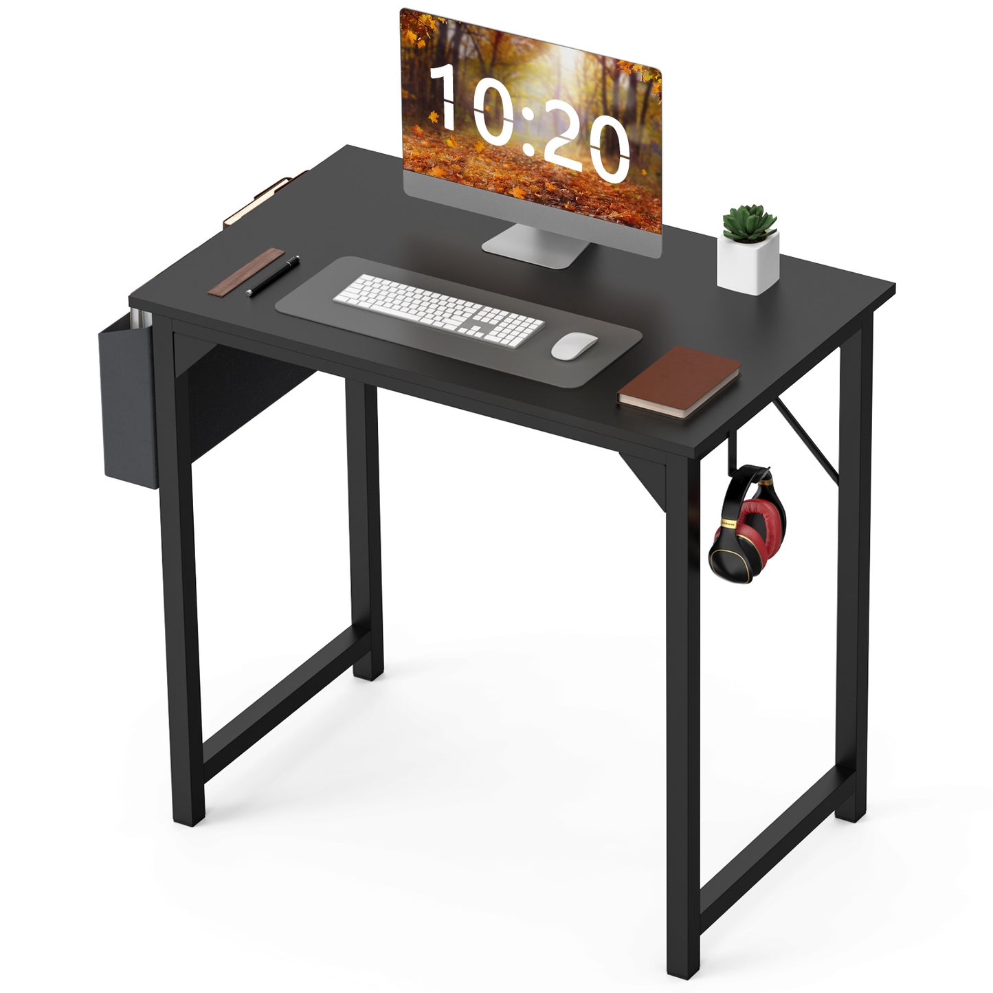 Modern minimalist computer desk with rustic oak finish, metal frame, side storage bag, and hook—durable, space-saving workstation for home office or study use