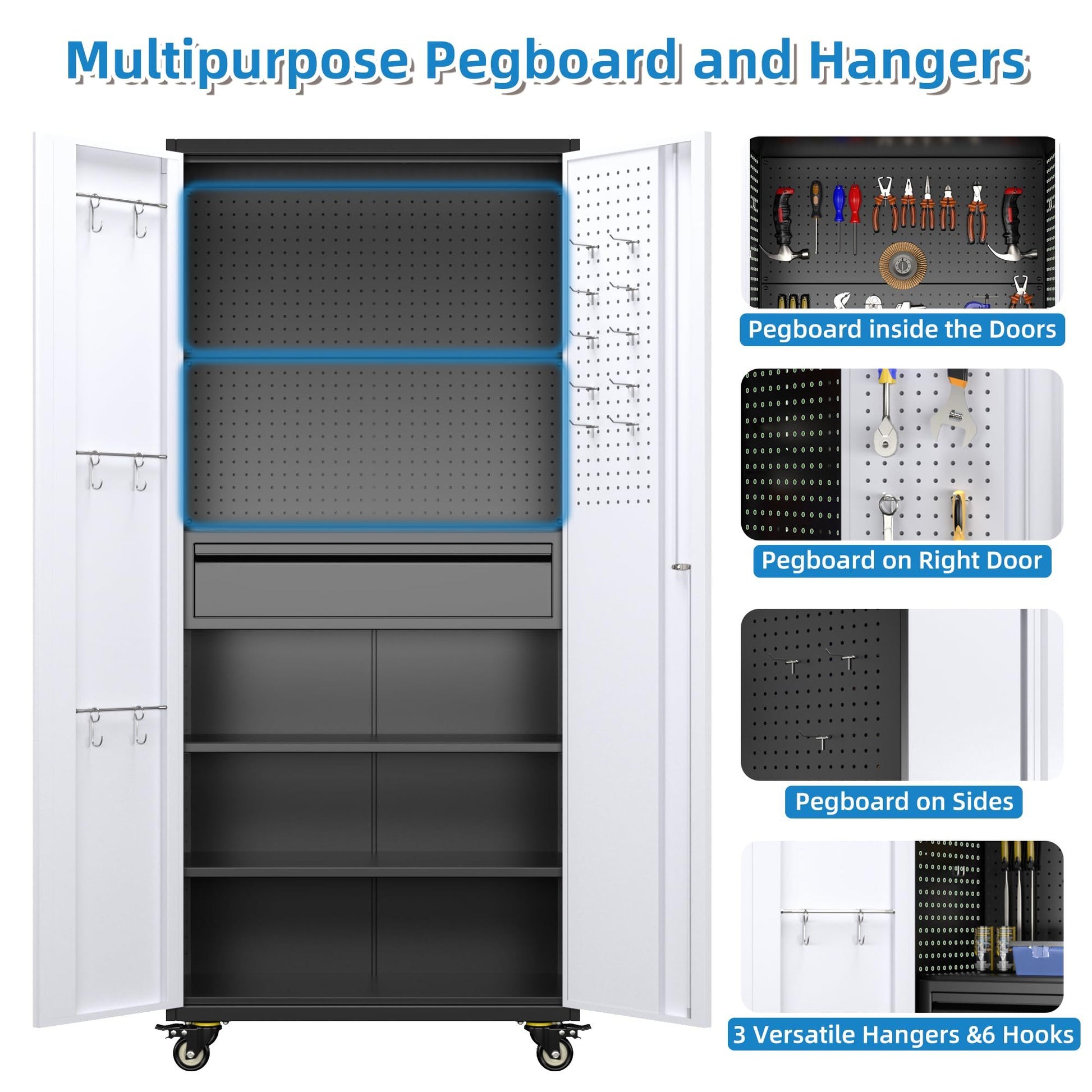71-inch tall black and gray metal storage cabinet with lockable doors and caster wheels for mobile heavy-duty organization in workshop or garage