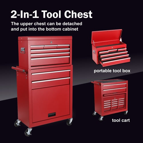 8-drawer rolling tool chest with detachable top toolbox, sturdy metal construction, mobile tool storage cart with caster wheels for easy workshop organization