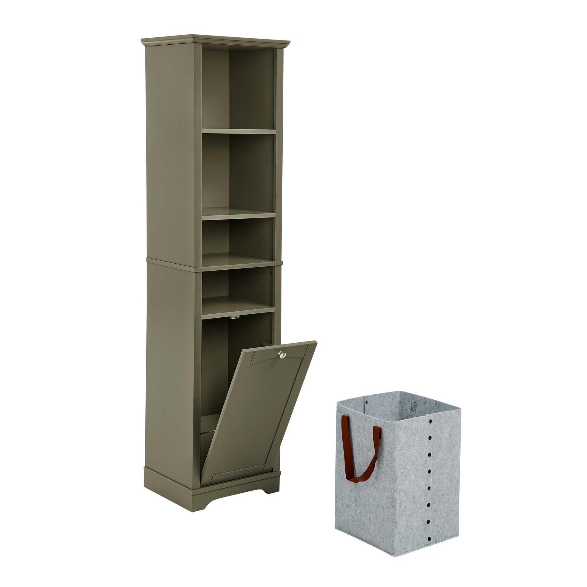 Slim 64-inch tall gray storage cabinet with four open shelves and built-in laundry hamper, ideal for bathrooms, kitchens, or small spaces