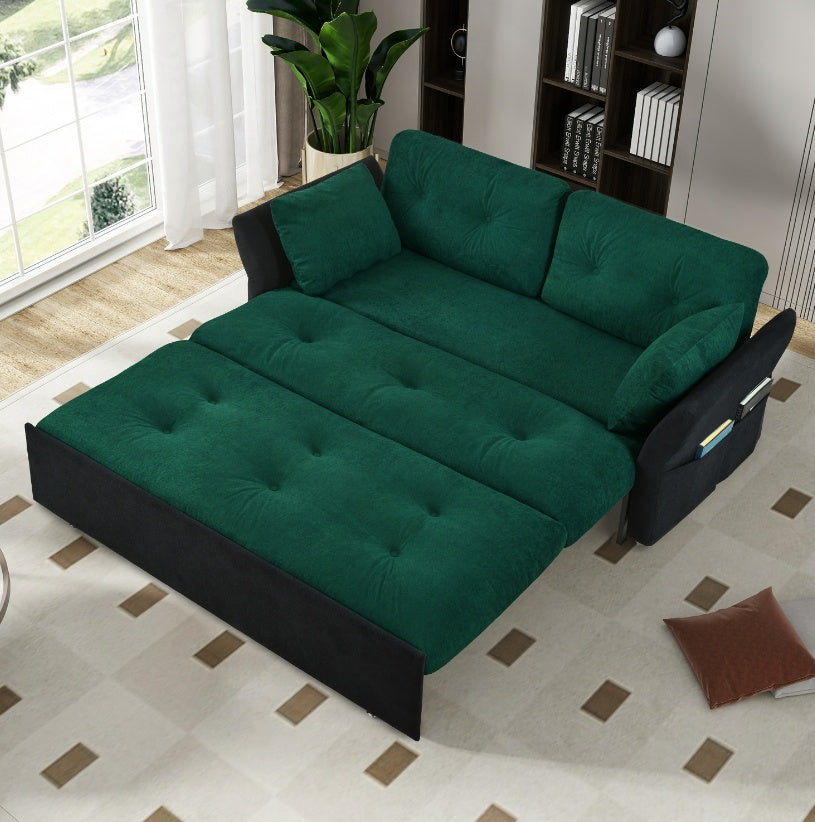 Multifunctional retractable sofa bed for living room use, featuring adjustable design for sitting, lounging, or sleeping, with modern upholstery and space-saving functionality.