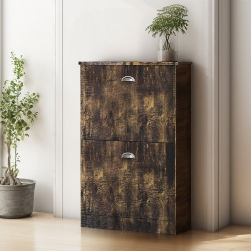 Vintage slim shoe cabinet with two flip drawers in compact wood design, ideal for entryway or hallway storage