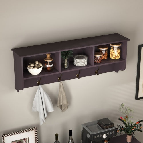 Espresso wall-mounted coat rack with shelf, 4 dual hooks, and 3 open cubbies for entryway storage and organization