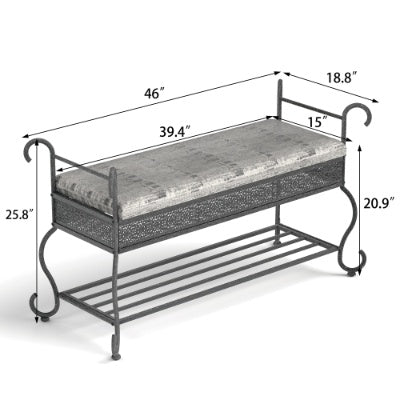 Industrial rustic entryway shoe rack bench with black upholstered seat and open metal shelves for shoe storage, rectangular design, metal frame, suitable for small spaces