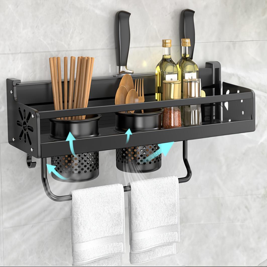 Wall-mounted stainless steel kitchen utensil holder with built-in spice racks, ideal for camping and home kitchen organization