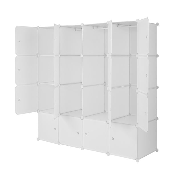 White 16-cube modular plastic storage organizer with doors and hanging rods, featuring stackable DIY design for closet, bedroom, or entryway organization; includes steel frame and customizable layout for clothes, shoes, and household items