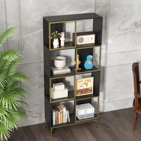 4-tier black and brown corner shelf measuring 22.24 x 15.75 x 31.3 inches, featuring open particle board shelves and a space-saving angled design; ideal for displaying books, plants, and décor in small living rooms, kitchens, or home offices.