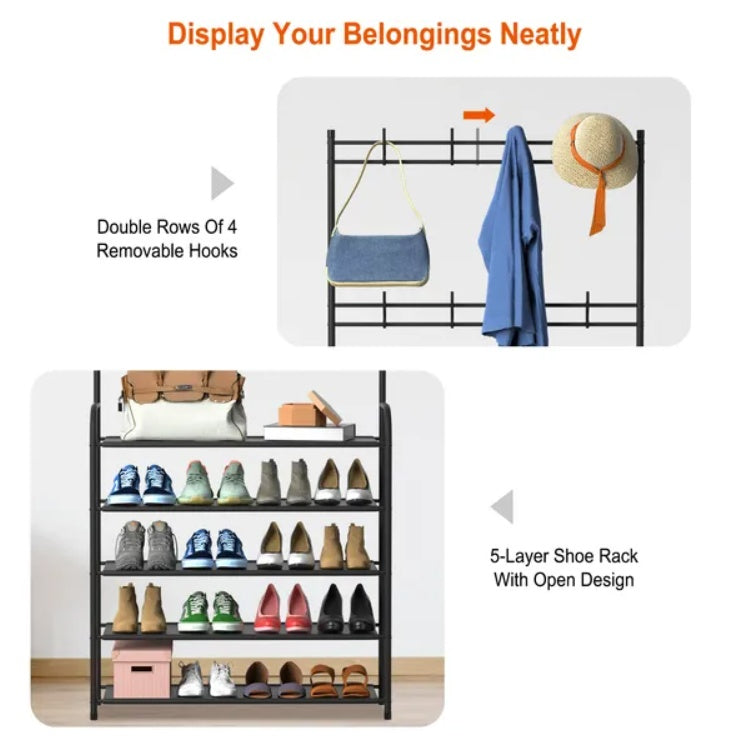Freestanding entryway hall tree with coat and hat rack, shoe storage shelves, and garment hanger—an all-in-one organizer for entryway, hallway, or bedroom.