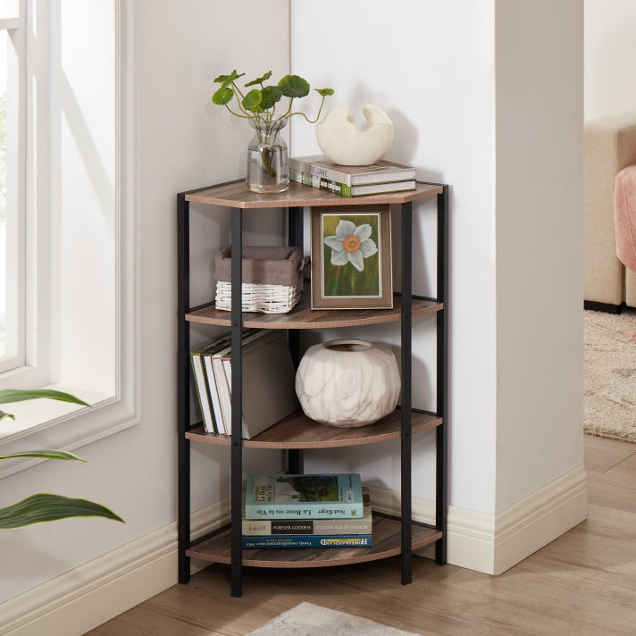 Black and brown 4-tier corner shelf with a modern-rustic design, featuring four open particle board shelves arranged in a vertical structure that fits neatly into a corner; ideal for storing books, plants, or decorative items in kitchens, home offices, living rooms, or small spaces.
