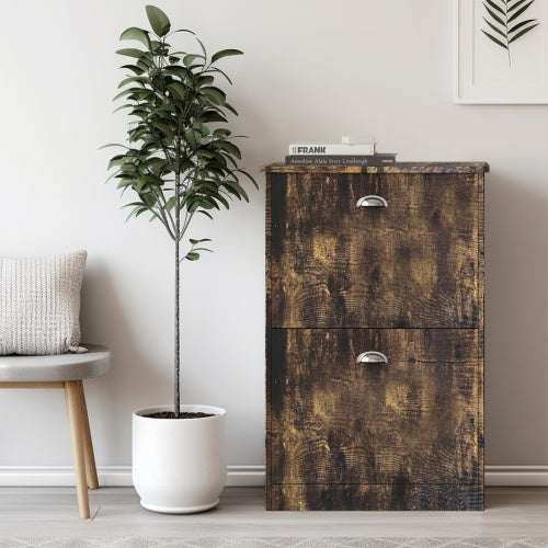 Vintage slim shoe cabinet with two flip drawers in compact wood design, ideal for entryway or hallway storage