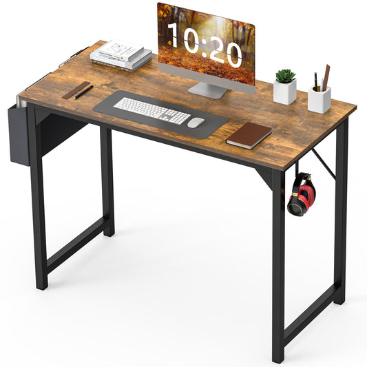 Modern minimalist computer desk with rustic oak finish, metal frame, side storage bag, and hook—durable, space-saving workstation for home office or study use