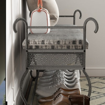 Industrial rustic entryway shoe rack bench with black upholstered seat and open metal shelves for shoe storage, rectangular design, metal frame, suitable for small spaces